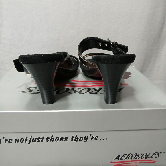 Aerosoles Powpaya Black Leather Sandals Shoes Heels Adjstble Strap w/Box sz 7M - Picture 5 of 10